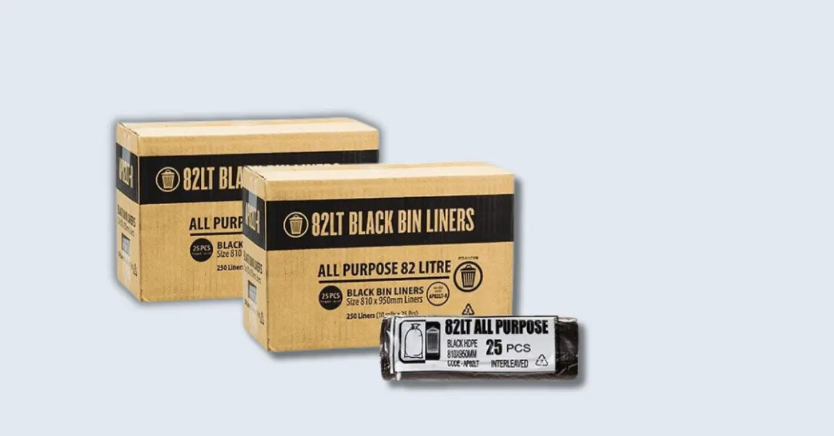 Boxes and rolls of black bin liners and garbage bags for all-purpose waste disposal