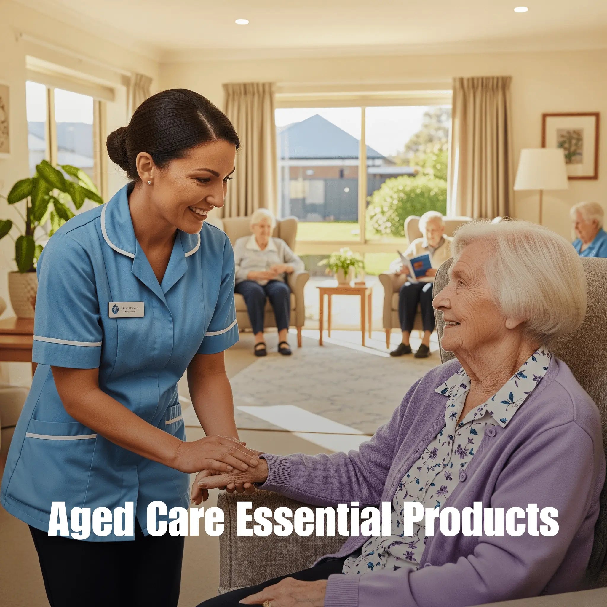 Aged care hygiene kit by Eve Zone featuring branded TGA-approved hand sanitiser, nitrile gloves, disinfectant spray, face masks, gowns, and bed wipes displayed in a clean care facility with a caregiver assisting an elderly resident.