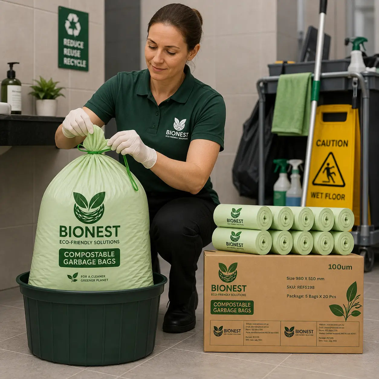 A woman in a green BIONEST uniform is shown using the product in a real cleaning environment, pulling a large bag of compostable garbage bags out of a black bin. A stack of the light green rolls and a brown cardboard box of 100 bags are displayed next to her.