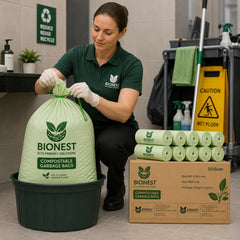 A woman in a green BIONEST uniform is shown using the product in a real cleaning environment, pulling a large bag of compostable garbage bags out of a black bin. A stack of the light green rolls and a brown cardboard box of 100 bags are displayed next to her.