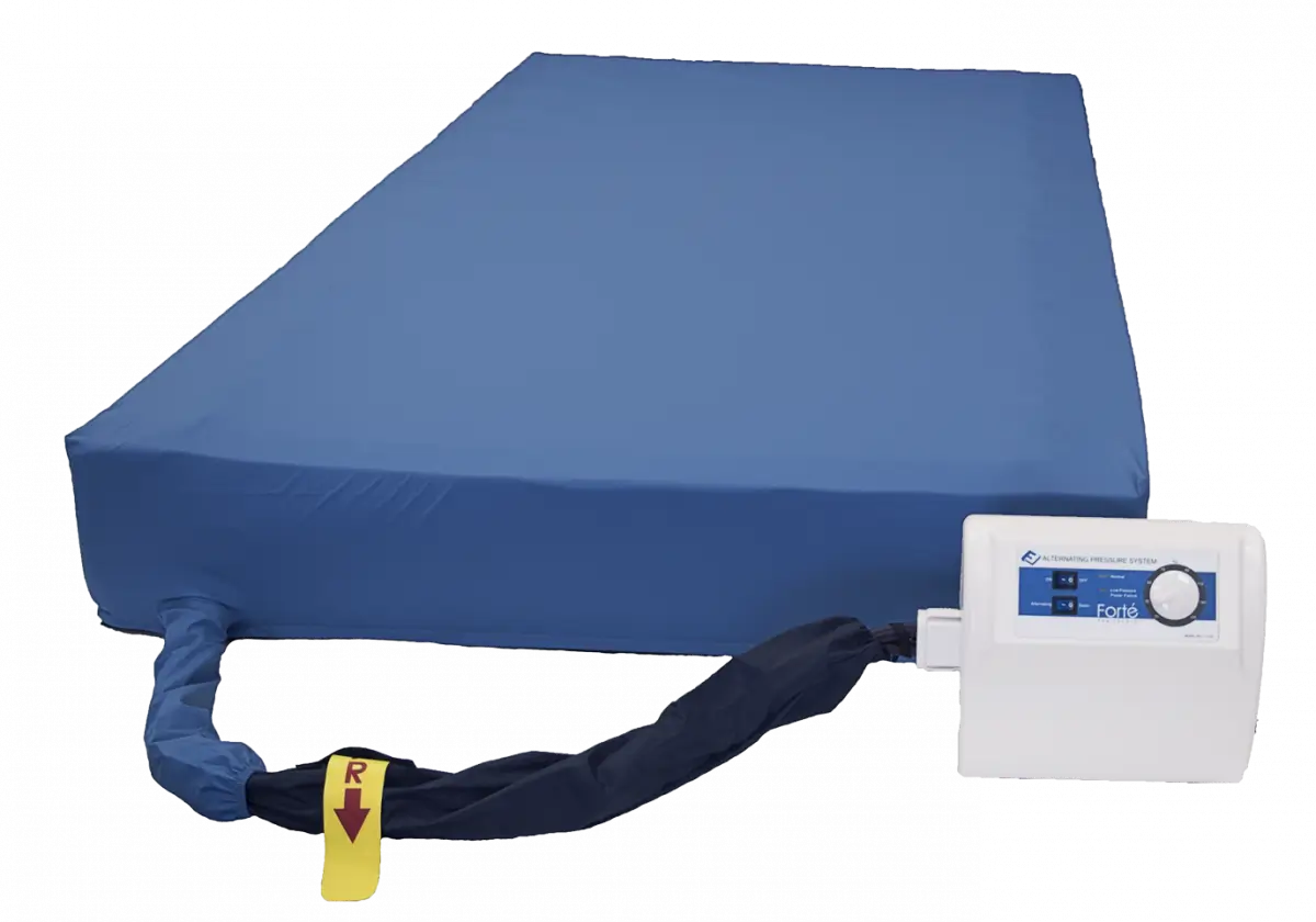 Blue mattress with a control panel on a white background