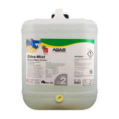 A 20L white plastic canister of AGAR Citra-Mist Spray & Wipe Cleaner, featuring a green and white label with product details and a yellow spout cap.
