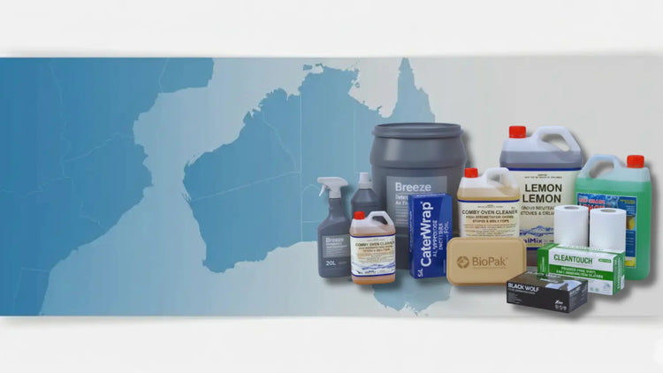 Collection of cleaning products on a white background with a blue abstract design.