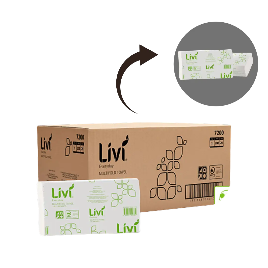 Livi paper towel packaging with a close-up of a single roll on a white background available at eve zone.