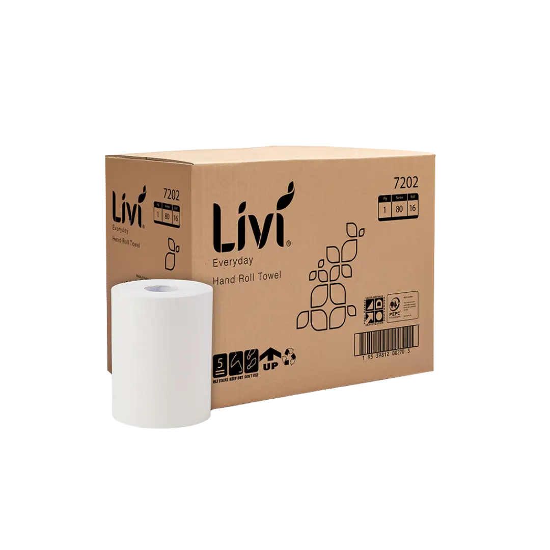 Livi hand roll towel packaging with a white towel on a white background available at eve zone.