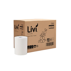 Livi hand roll towel packaging with a white towel on a white background available at eve zone.