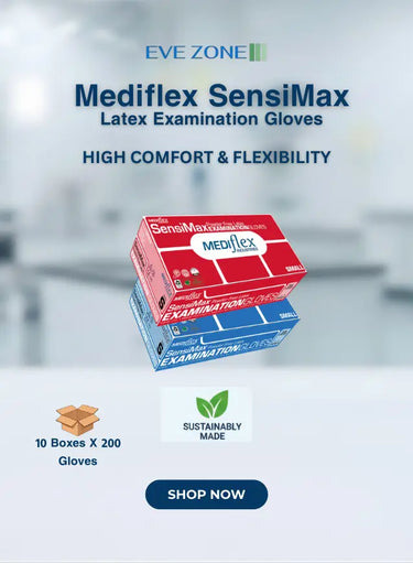 Mediflex SensiMax Latex Examination Gloves packaging with branding and product details on a blurred background.