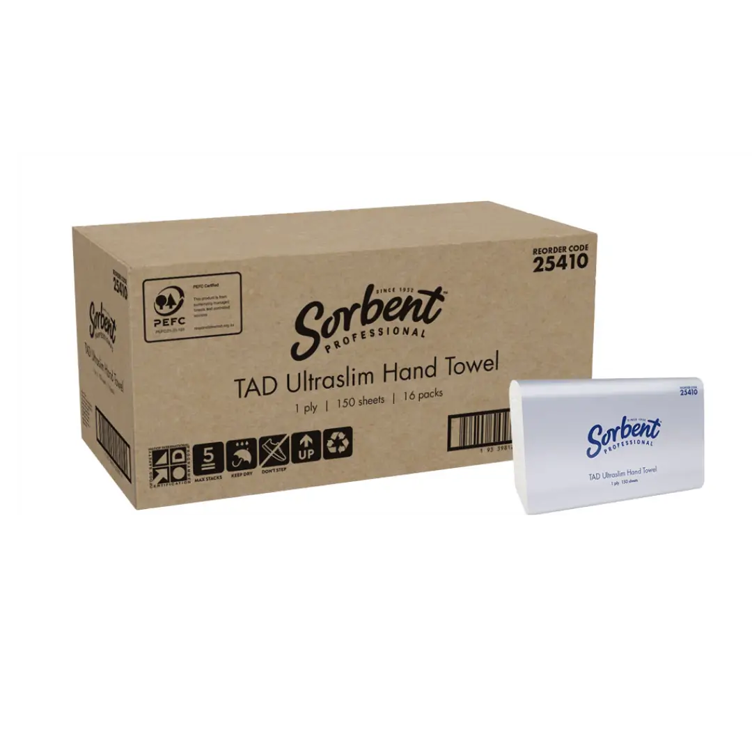Box of Sorbent TAD Ultraslim Hand Towels with a smaller pack on a white background