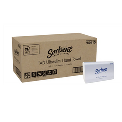 Box of Sorbent TAD Ultraslim Hand Towels with a smaller pack on a white background