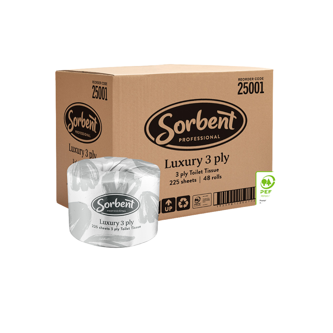 Sorbent Professional luxury 3 ply toilet tissue packaging on a white background