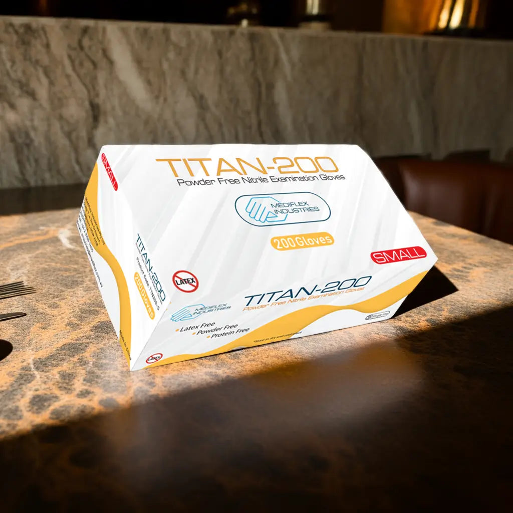 Box of Titan-200 gloves on a wooden surface with a blurred background