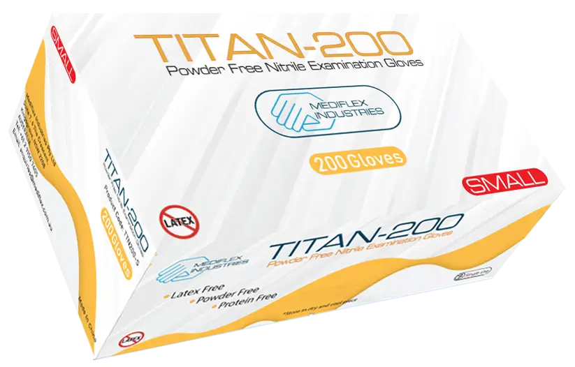Box of Titan-200 gloves with Medflex Industries branding on a white background available at Eve zone Australia