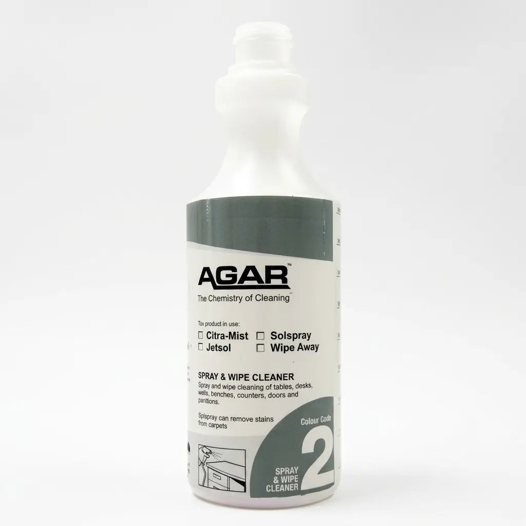 Agar commercial spray and wipe surface cleaner bottle for fast multi surface decontamination.