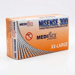 Pair of ambidextrous Nisense 300 blue nitrile examination gloves featuring an ergonomic fit for clinical use.