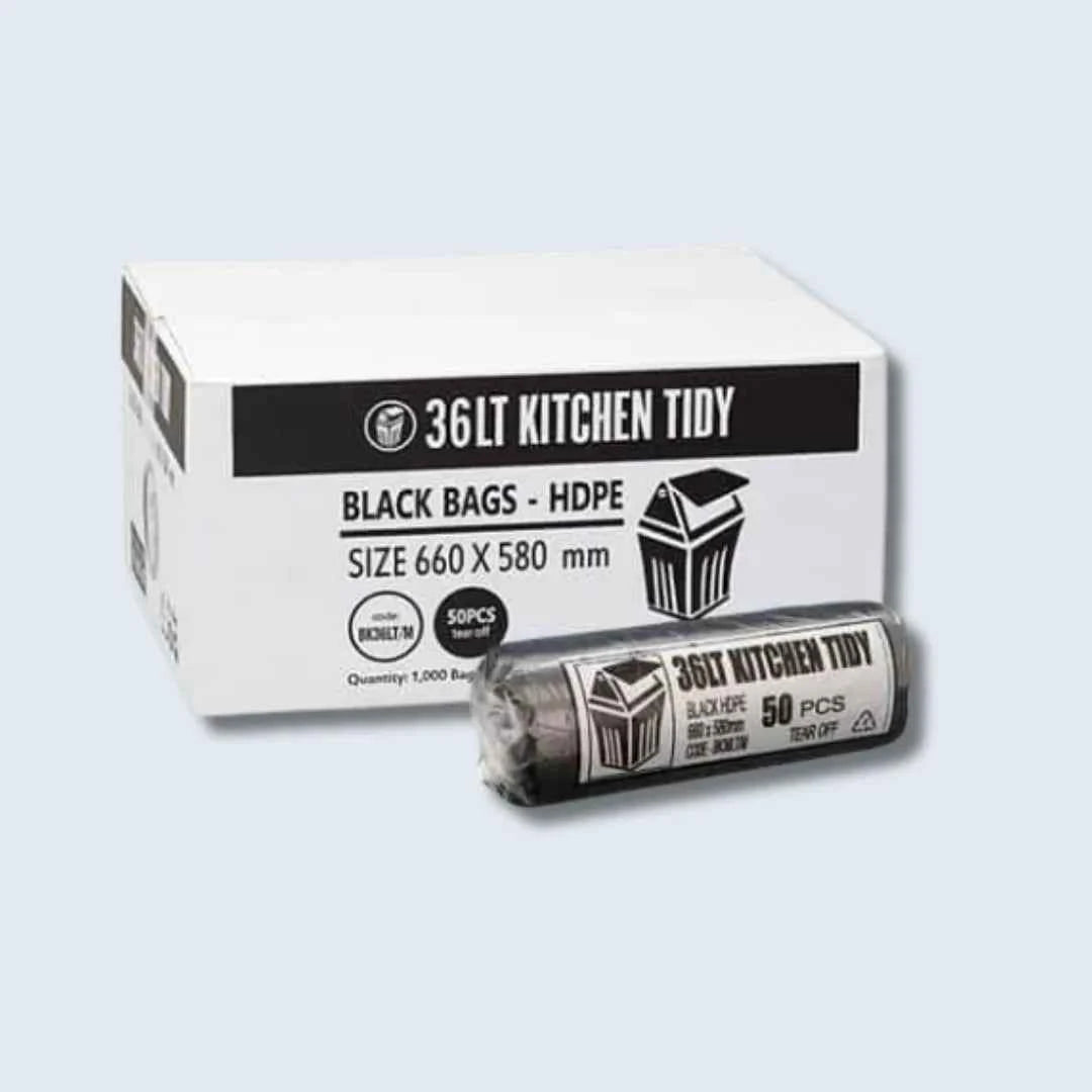 Black Kitchen Tidy Bin Liners, 36 L High‑Strength Roll - CTN1000 - Eve Zone