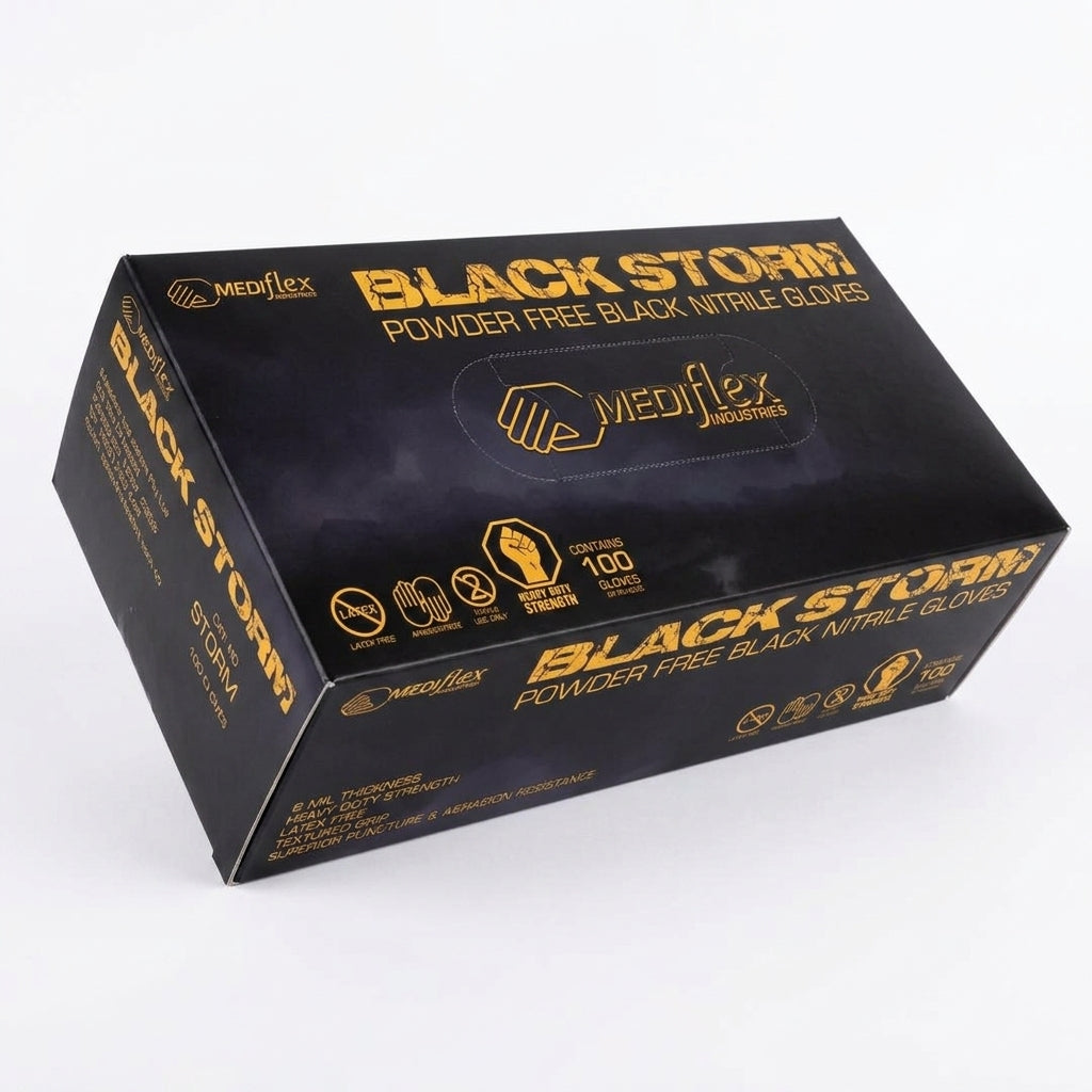 Black Storm black nitrile gloves powder free Mediflex heavy duty disposable gloves for industrial and healthcare use