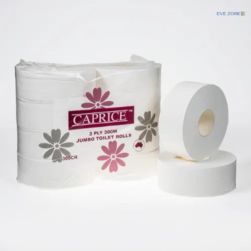 Caprice jumbo toilet roll 2 ply 300m 8 rolls high capacity tissue for commercial washrooms