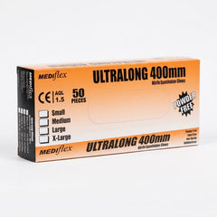 Close-up of Ultralong 400 nitrile gloves showing textured grip and chemical-resistant material for high-risk procedures.