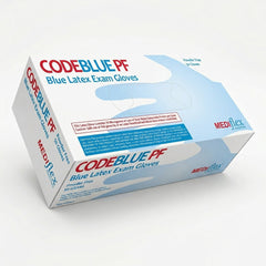 Code Blue powder-free latex examination gloves in blue packaging, medical-grade protection.