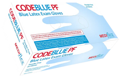 Pair of Code Blue textured blue latex gloves, powder-free and high-tensile strength for clinical examination.