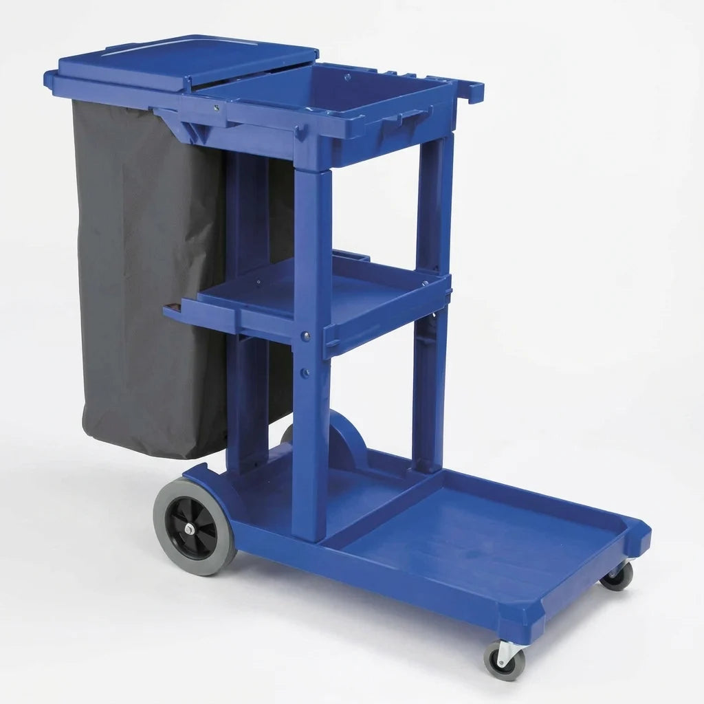 Eve Zone commercial janitorial cleaning trolley cart with heavy duty shelves and a yellow waste vinyl bag.