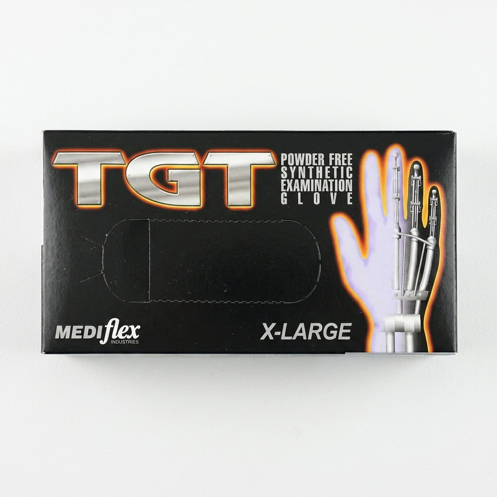 Pair of green TGT Neoprene examination gloves, polychloroprene material providing excellent grip and chemical resistance.