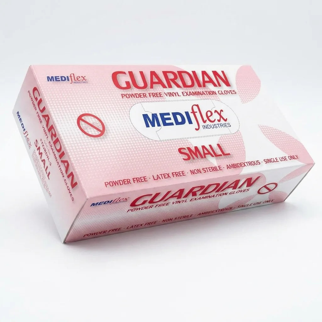 Guardian vinyl gloves powder free latex free disposable gloves for food handling cleaning and hygiene use.
