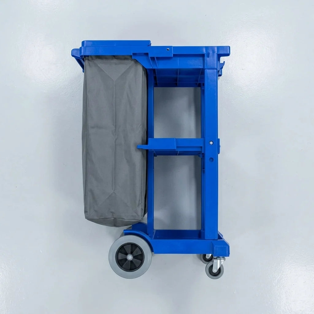 Heavy duty plastic cleaners trolley featuring smooth rolling non marking wheels and organized tool holders.