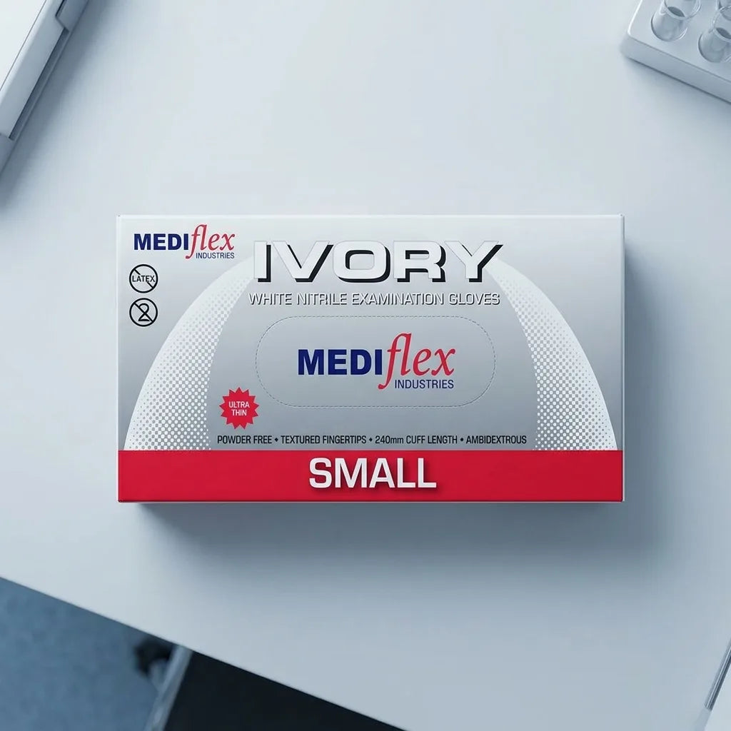 Ivory white nitrile examination gloves textured grip powder free gloves for medical clinics laboratories and hygiene protection
