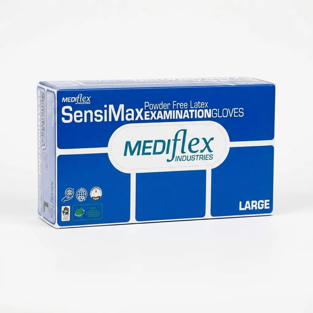 Latex examination gloves micro textured grip Mediflex SensiMax gloves for precision handling in clinics and hygiene tasks