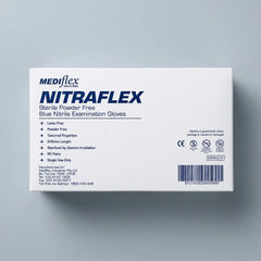 Pair of blue Nitraflex nitrile examination gloves, sterile and powder-free for clinical safety.