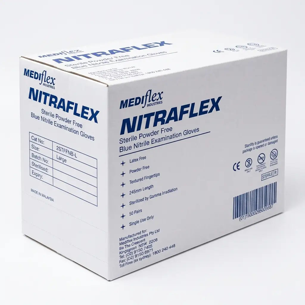 Individually wrapped Nitraflex sterile nitrile examination gloves, 1 pair per pouch, latex-free.