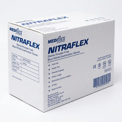 Individually wrapped Nitraflex sterile nitrile examination gloves, 1 pair per pouch, latex-free.
