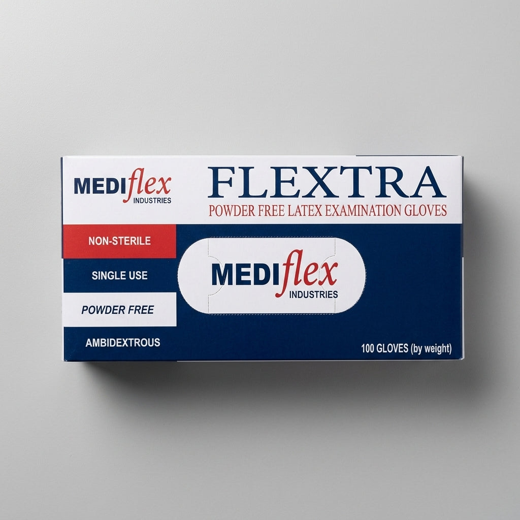 Powder free latex gloves textured grip Flextra examination gloves for precision handling in clinics laboratories and hygiene tasks