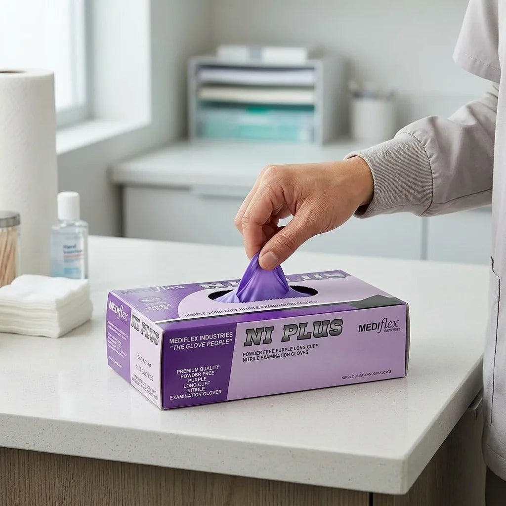 Purple nitrile gloves long cuff chemical resistant Mediflex gloves for chemotherapy laboratory and industrial protection