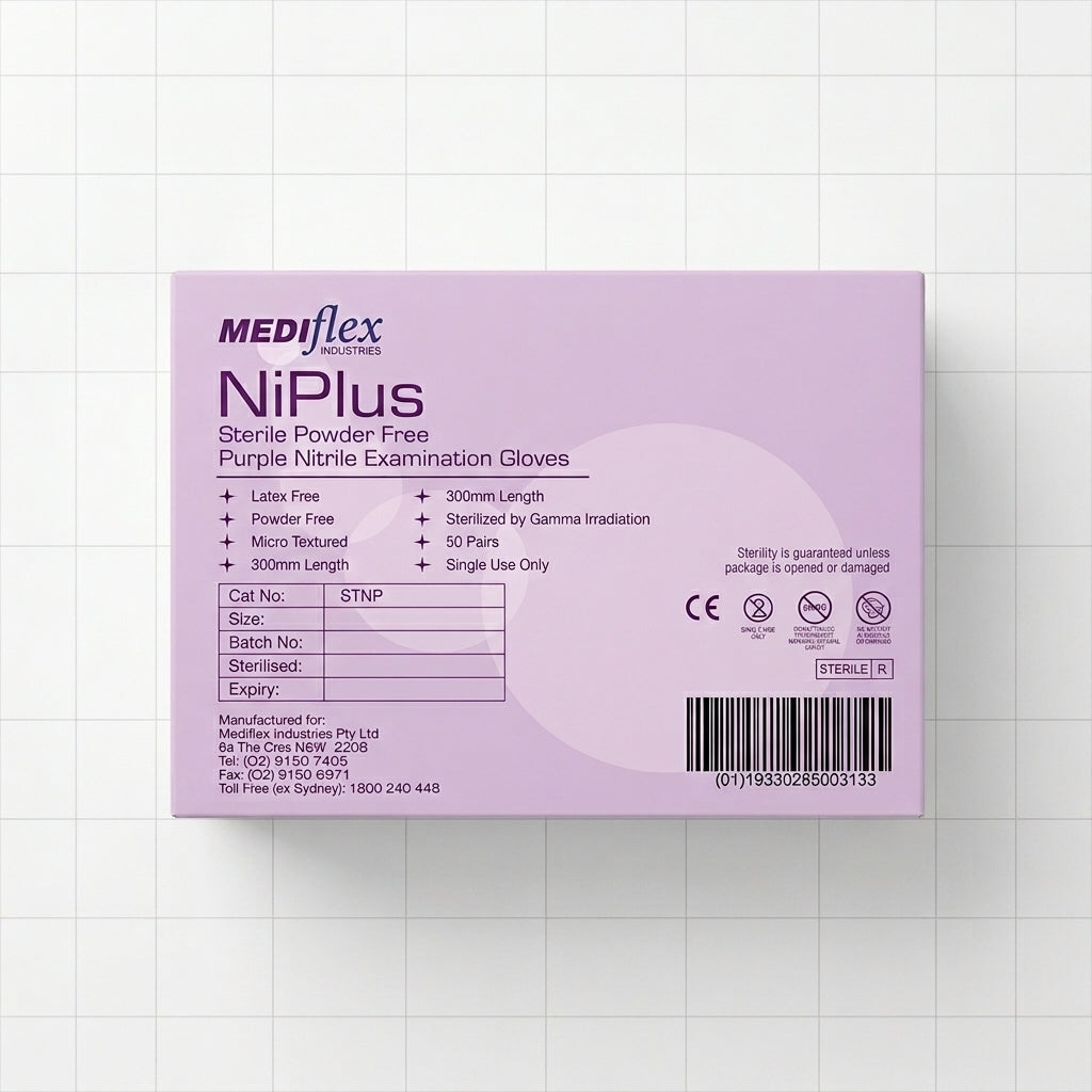 Pair of Ni Plus purple nitrile gloves, sterile and latex-free for high-risk medical procedures.
