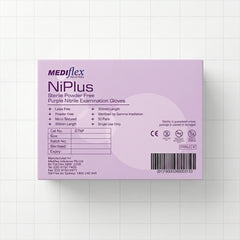 Pair of Ni Plus purple nitrile gloves, sterile and latex-free for high-risk medical procedures.
