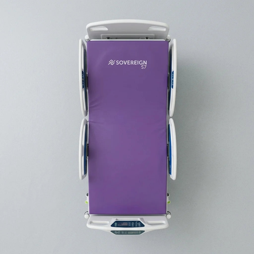 Side profile of the Forté Sovereign S7 pressure care mattress highlighting the integrated five degree heel slope for targeted pressure offloading.