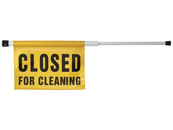 Oates spring loaded door caution sign with yellow Closed for Cleaning flag on white pole