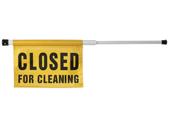 Oates spring loaded door caution sign with yellow Closed for Cleaning flag on white pole