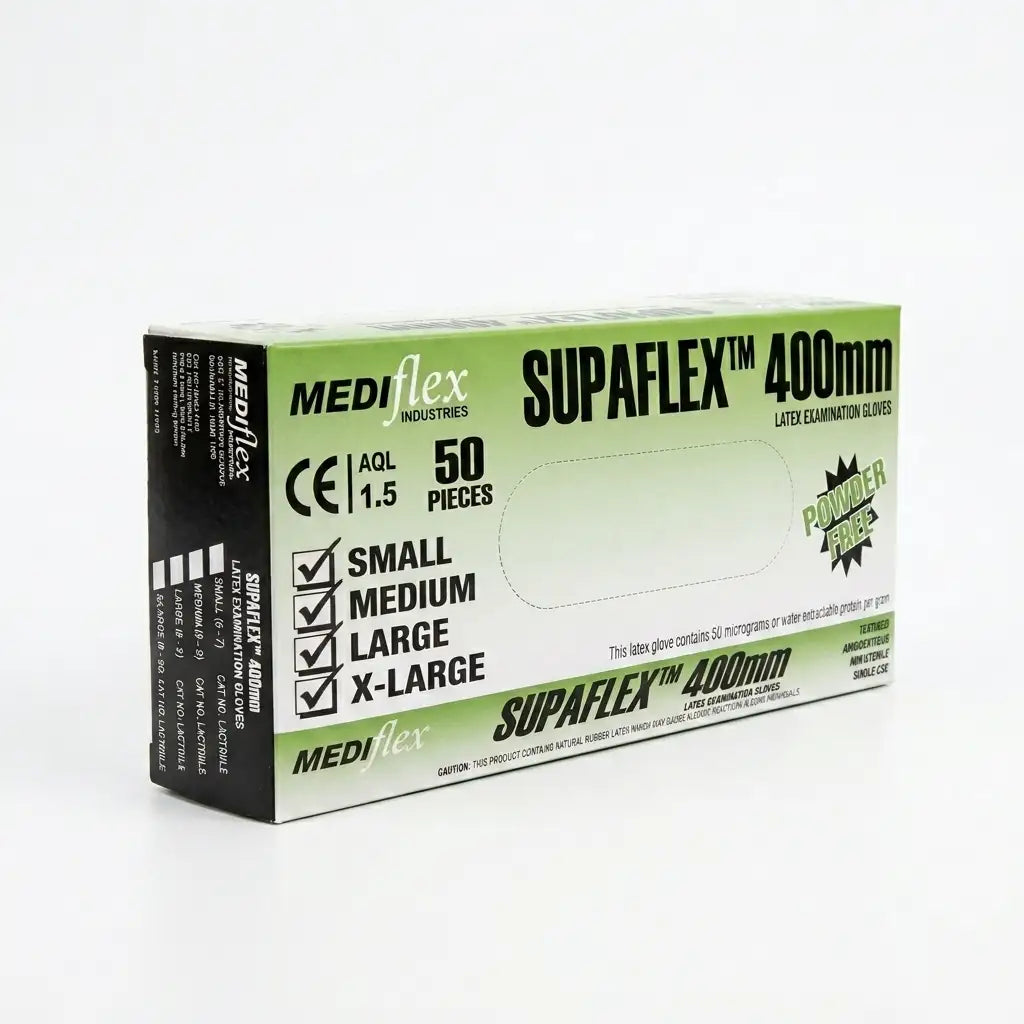 Supaflex 400 extra-long powder-free latex gauntlet gloves featuring a 400mm length for extended arm protection.