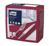 A package of Tork Dinner Napkin Advanced, featuring a deep red napkin with a printed graphic of a silver fork and knife on a white background, inside a clear plastic-wrapped box.