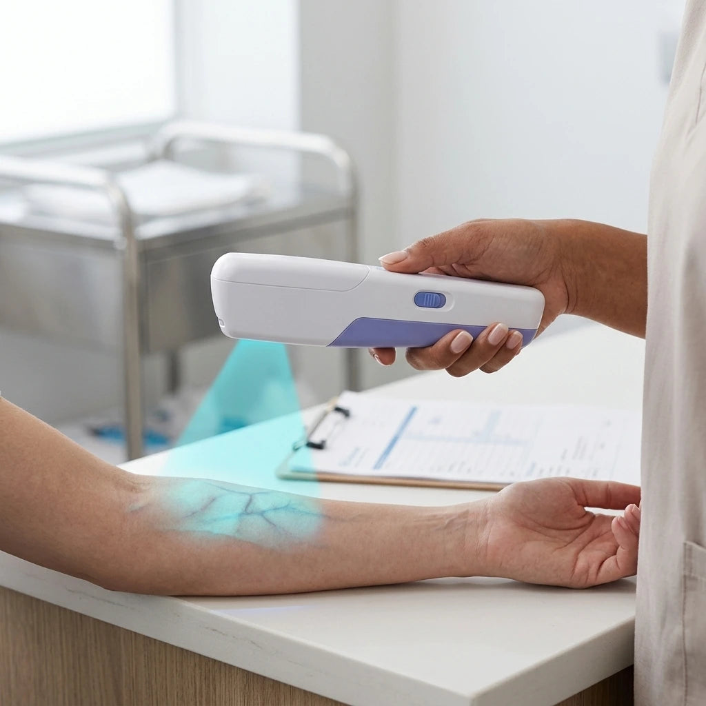 Advanced vein viewer projecting a clear vascular grid with a yellow center line guide onto a patient arm for IV access.
