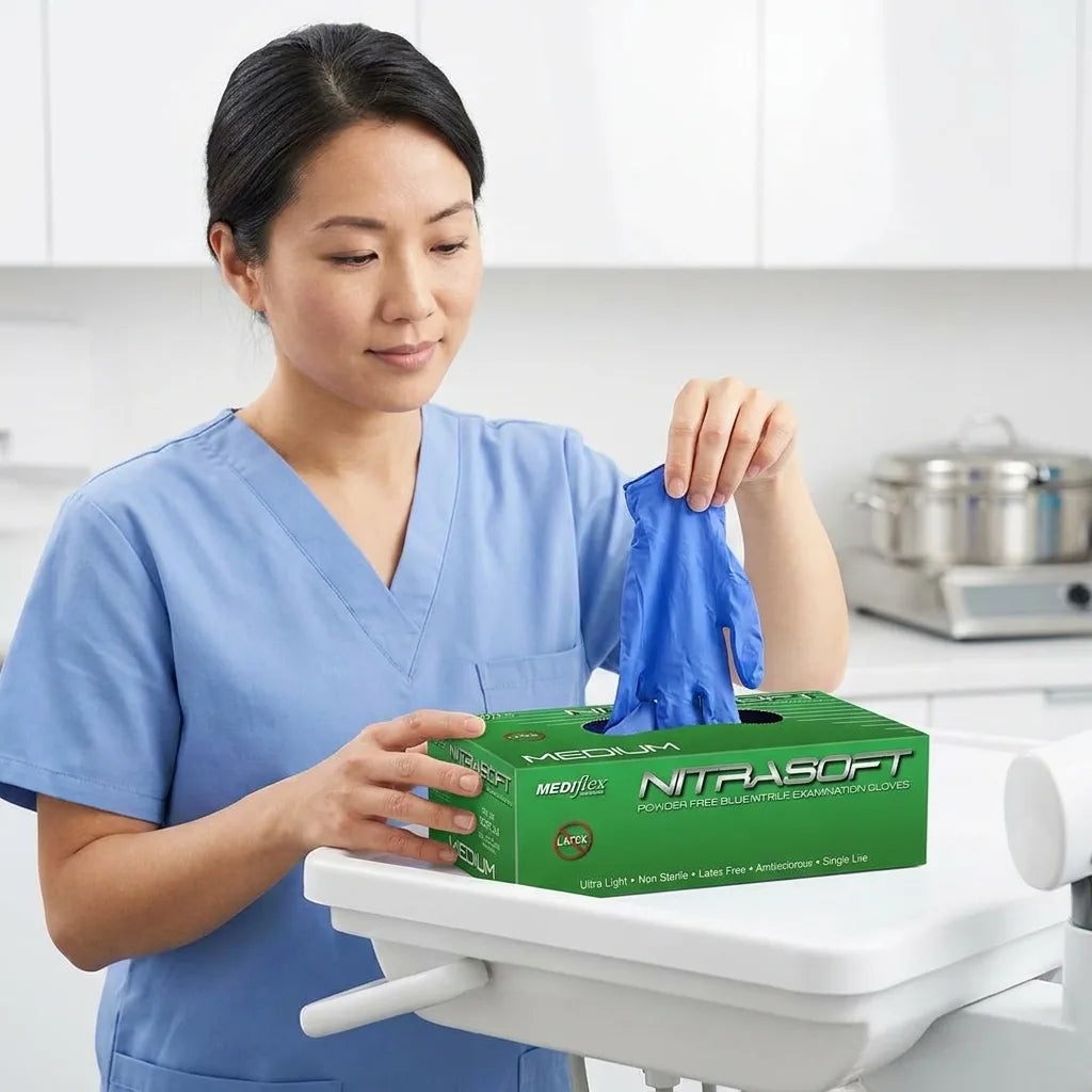 Violet blue nitrile examination gloves textured grip powder free gloves for healthcare laboratories and hygiene protection.