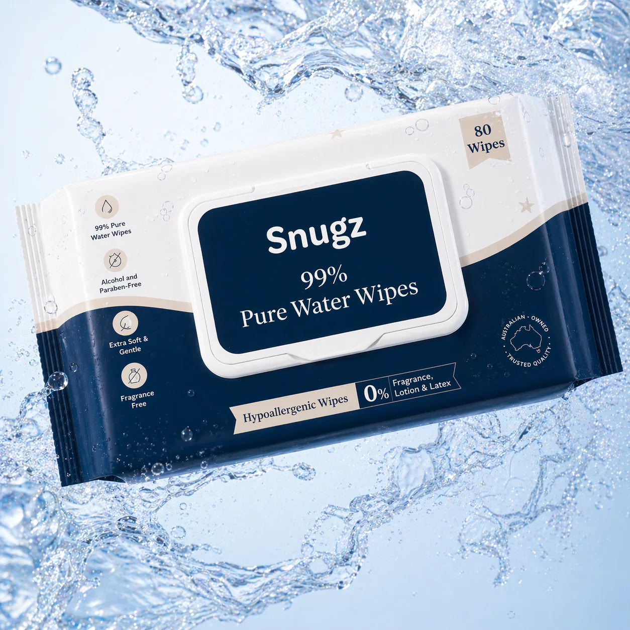 Snugz 99% Pure Water Wipes packaging with water splashes in the background