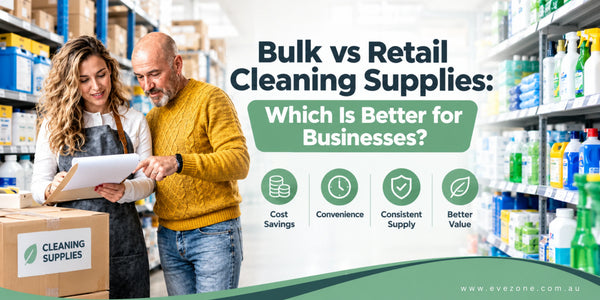 Blog hero banner showing business owners inspecting wholesale cleaning supplies in a warehouse, titled Bulk vs Retail Cleaning Supplies: Which Is Better for Businesses?