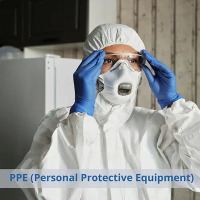 Person wearing disposable PPE including protective suit, gloves, safety goggles, and respirator mask