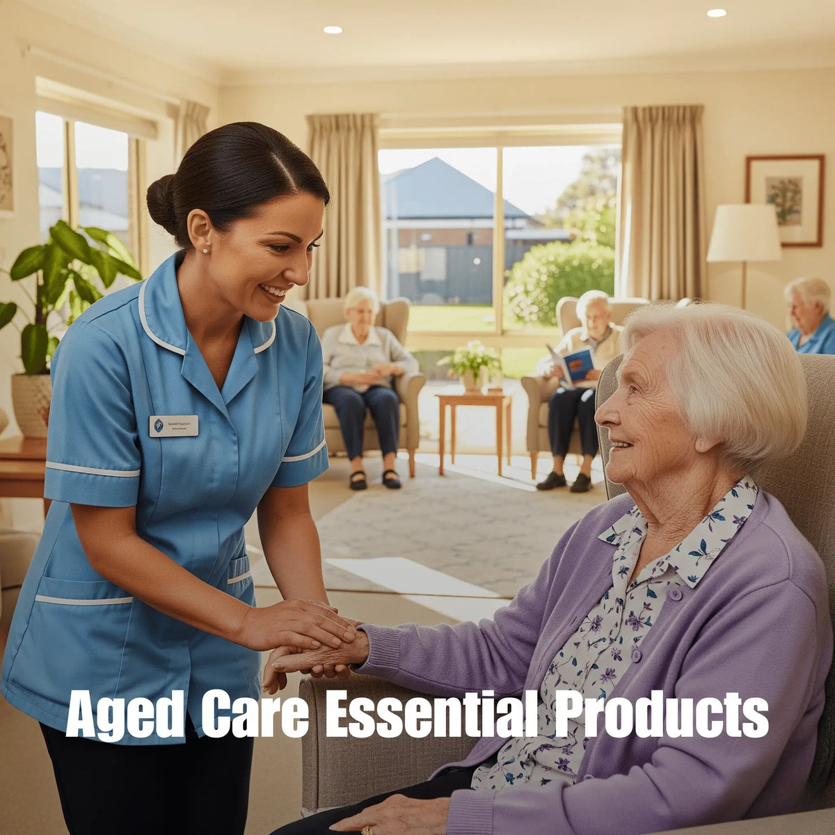 Aged care hygiene kit by Eve Zone featuring branded TGA-approved hand sanitiser, nitrile gloves, disinfectant spray, face masks, gowns, and bed wipes displayed in a clean care facility with a caregiver assisting an elderly resident.