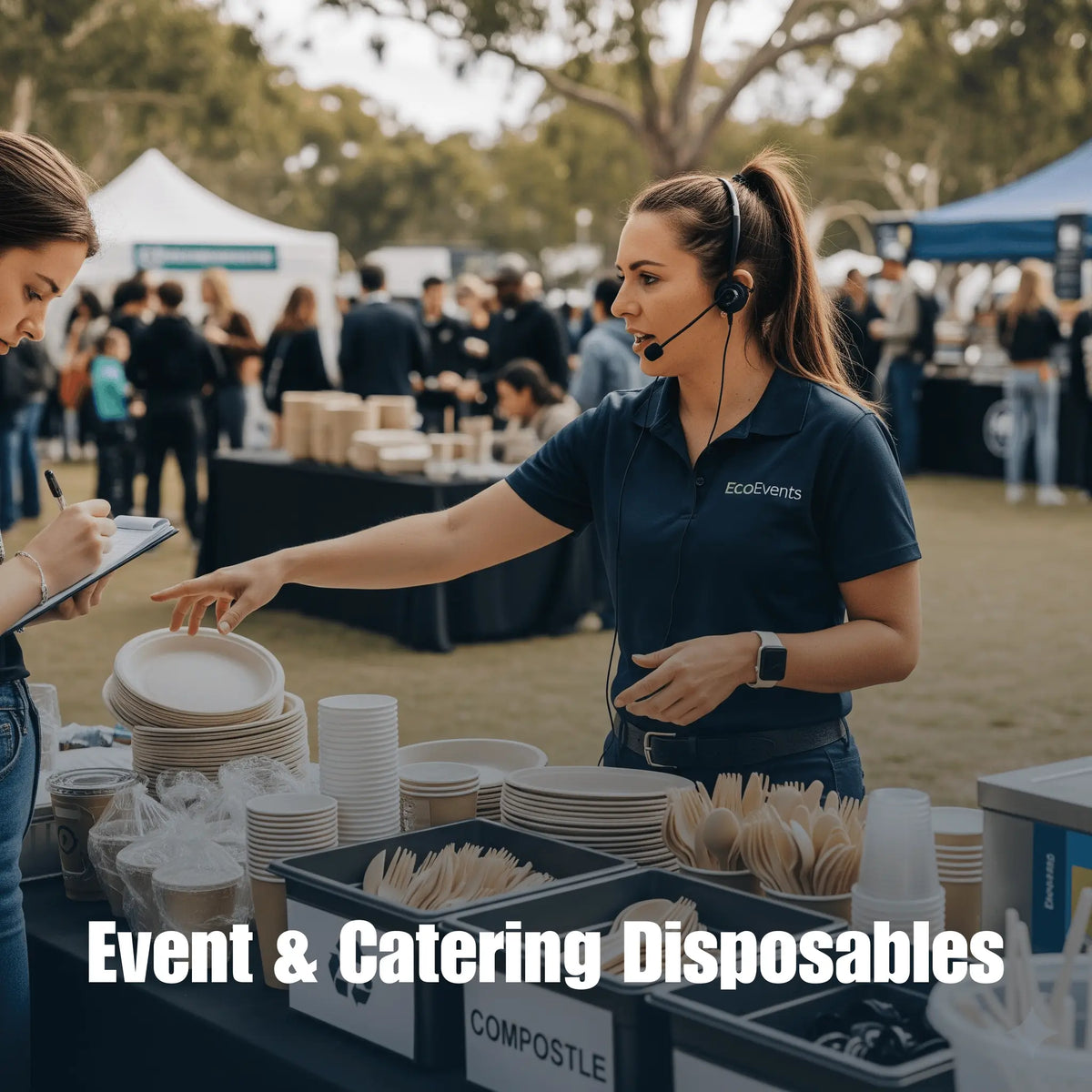 Event catering disposables Australia with stacked plates cups and eco-friendly bins at outdoor gathering