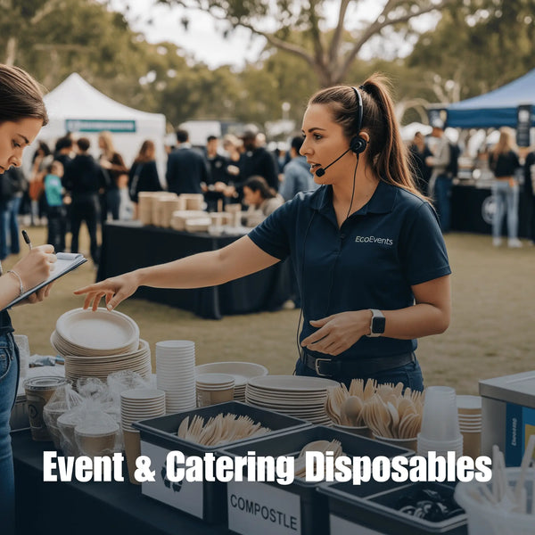 Event catering disposables Australia with stacked plates cups and eco-friendly bins at outdoor gathering